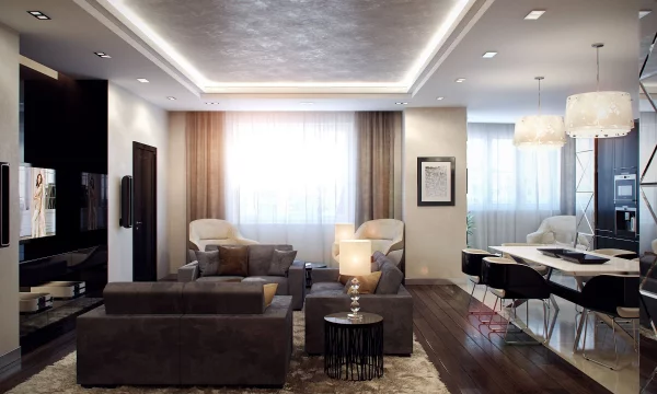Эффектно, стильно и недорого – потолки в гостиной