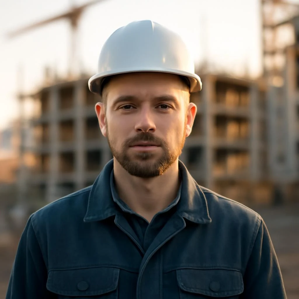 Дмитрий Соколов — портрет инженера в рабочей одежде на фоне строительной площадки