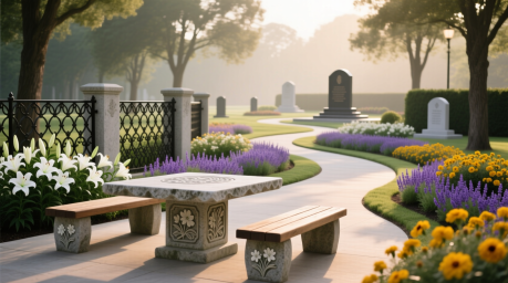 Дополнительные элементы мемориального комплекса: столы, скамейки, ограды, цветники