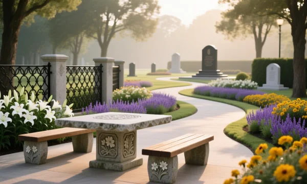 Дополнительные элементы мемориального комплекса: столы, скамейки, ограды, цветники