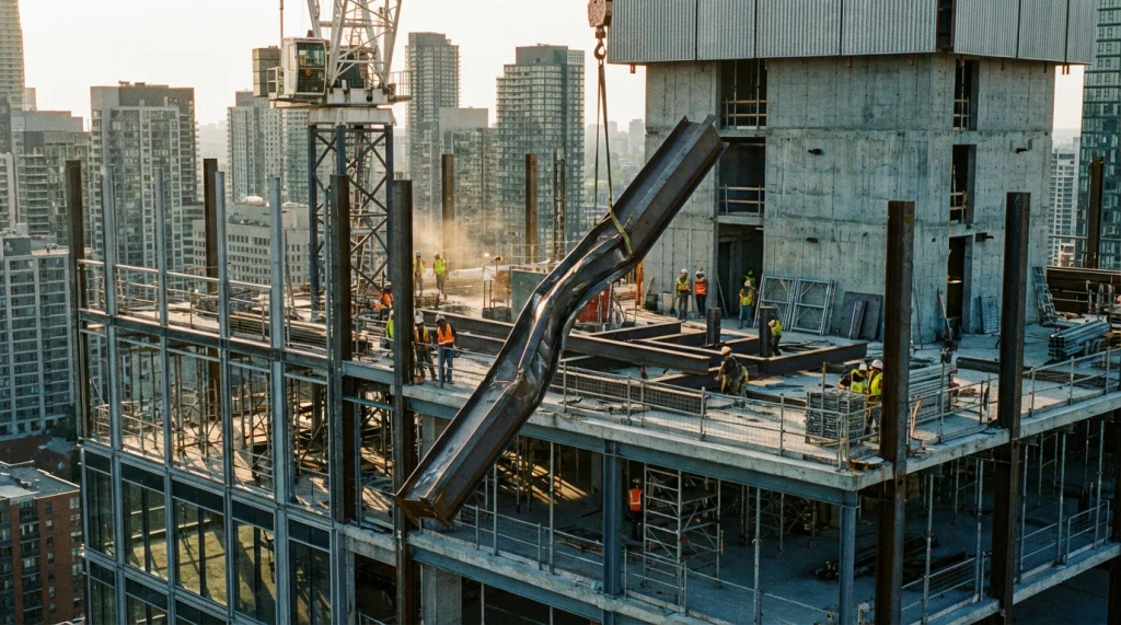 Общий план современного высотного здания в процессе строительства, где один бракованный стальной балочный элем