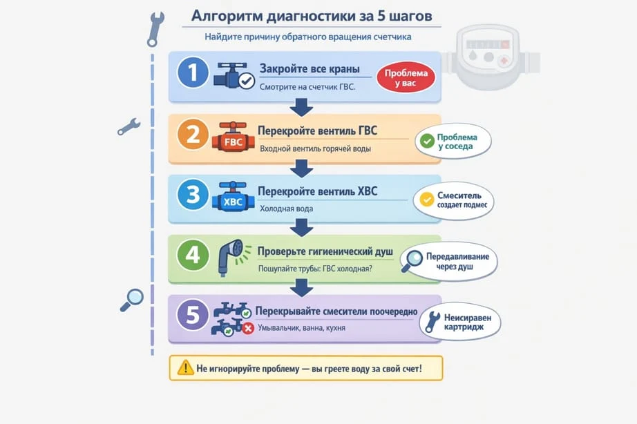 Обратный ход счетчика ГВС: 5 причин передавливания, диагностика неисправности смесителя и роль обратного клапана.