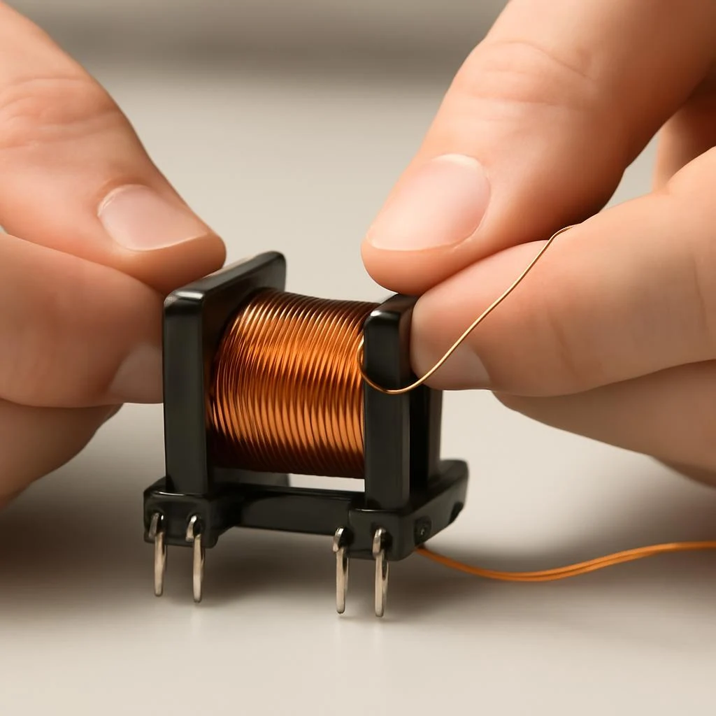 Процесс аккуратной намотки провода на каркас импульсного трансформатора