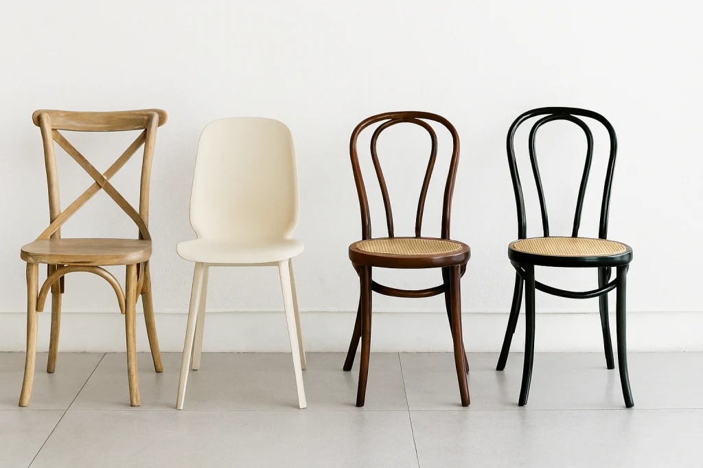 Стулья разных материалов для кафе на белом фоне