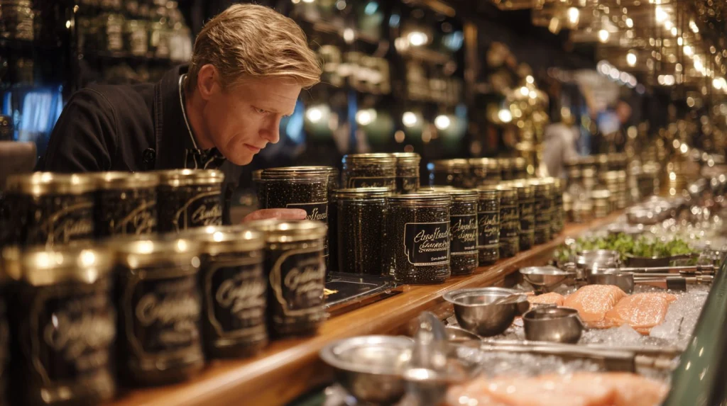 Процесс выбора икры стерляди в магазине