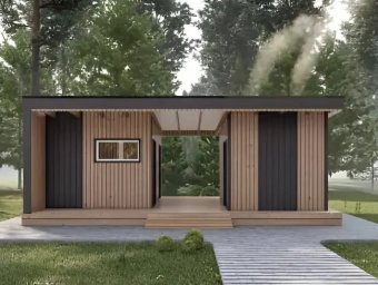 Баня барнхаус с проходной террасой в современном стиле